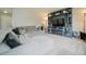 Comfortable living room featuring an electric fireplace and built-in shelving at 15389 E 99Th Way, Commerce City, CO 80022