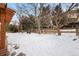 Snow-covered backyard with trees and a partially visible fence at 89 Dawn Heath Cir, Littleton, CO 80127