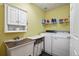 Clean laundry room with a washer, dryer, sink, and storage cabinets, for added convenience at 15962 W 70Th Dr, Arvada, CO 80007