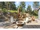 Backyard featuring a stone patio with an outdoor fireplace and beautiful landscaping at 31 Wild Tiger Ln, Boulder, CO 80302
