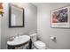 Clean half-bathroom featuring a sleek vanity, toilet, and neutral decor at 10994 Shadowbrook Cir, Highlands Ranch, CO 80130
