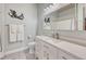 This is a bathroom with a vanity, sink, mirror, toilet, and towel racks in a modern gray-themed design at 5677 S Park Pl # B110, Greenwood Village, CO 80111