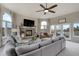Bright living room with a stone fireplace, comfortable seating, and large windows offering scenic views at 19185 Breton Pl, Monument, CO 80132