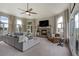 Inviting living room features a cozy fireplace, comfortable seating, and large windows for natural light at 19185 Breton Pl, Monument, CO 80132