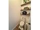 Small powder room features floating shelves with decorations and a sleek white toilet at 653 Glenarbor Cir, Longmont, CO 80504
