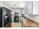 Modern kitchen with teal cabinets, stainless steel appliances, and granite countertops at 2728 Renshaw St, Strasburg, CO 80136