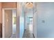 Hallway with blue walls, wood-look flooring, and a view into the living area at 350 S Clinton St # 8C, Denver, CO 80247