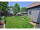 Lush backyard featuring green lawn, wooden fence, mature trees, and gazebo creating a private outdoor oasis at 1735 Crestone Dr, Longmont, CO 80504