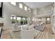 Spacious living room with high ceilings, hardwood floors, a comfortable sectional sofa, and a view of the outdoor patio at 6912 Sunstrand Ct, Castle Pines, CO 80108