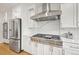 Stylish kitchen featuring white cabinets, stainless steel appliances, and a modern range hood at 5853 S Havana Ct, Englewood, CO 80111