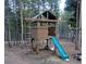 Backyard play structure with a slide, ladder, and shaded upper deck for outdoor fun at 9274 Sandy Ln, Conifer, CO 80433