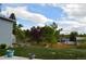 Landscaped backyard with privacy fence, lush lawn and mature trees under a bright blue cloudy sky at 1158 E Easter Ct, Centennial, CO 80122