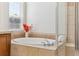 Close up of tub in bathroom with tile surround and a glass-enclosed shower at 8312 Hackamore Rd, Littleton, CO 80125