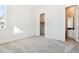 Bright bedroom with neutral carpeting features a walk-in closet and adjoined bathroom with granite vanity at 10730 Hanging Lake Pl, Parker, CO 80138