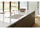 Close-up of kitchen island featuring a quartz countertop and brushed gold faucet at 735 S Elizabeth St, Denver, CO 80209