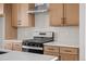 Close-up of kitchen with stainless steel range, hood and light wood cabinets at 2736 W 68Th Ave, Denver, CO 80221