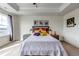 Serene main bedroom features tray ceilings, natural light, and a view of open space at 8255 S Vandriver Way, Aurora, CO 80016