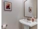 Elegant powder room featuring a pedestal sink, framed mirror, and charming rabbit artwork at 8255 S Vandriver Way, Aurora, CO 80016