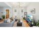 Bright living room featuring a comfortable gray sectional sofa, modern lighting, and hardwood floors at 953 Kalamath St, Denver, CO 80204