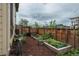 Backyard garden featuring raised garden beds and privacy fence, ideal for gardening enthusiasts at 5866 Boston Ct, Denver, CO 80238