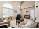 Inviting living room with vaulted ceilings, large arched windows, and neutral decor at 9421 Morning Glory Ln, Highlands Ranch, CO 80130