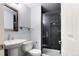 Modern bathroom featuring glass door shower, pedestal sink, toilet, and a mirrored medicine cabinet at 19135 E Hickock Dr, Parker, CO 80134