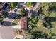 Bird's-eye view of a property displaying its roof, driveway, mature trees, and backyard with a fire pit at 4374 E Peakview Cir, Centennial, CO 80121
