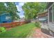Backyard view with a wood fence, grassy area, and a covered patio area at 5741 E 120Th Pl, Brighton, CO 80602