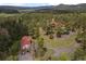 Aerial view of the home surrounded by pine trees, showing a winding driveway and mountain views at 23076 Oehlmann Park Rd, Conifer, CO 80433