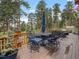 Outdoor patio area with dining tables and chairs overlooking the lush greenery at 23076 Oehlmann Park Rd, Conifer, CO 80433