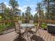 Outdoor wooden deck with a round table and four chairs that offers a peaceful view of the forest at 23076 Oehlmann Park Rd, Conifer, CO 80433