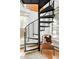 Unique spiral staircase design with wood stairs and steel railing beside windows at 3521 W 40Th Ave, Denver, CO 80211