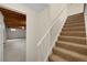 Carpeted stairs with white railing leading to the basement at 14192 E Baltic Pl, Aurora, CO 80014