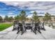 Outdoor area with a circular fire pit surrounded by Adirondack chairs, perfect for gatherings at 2690 Fox View Trl, Franktown, CO 80116