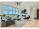 Bright living room featuring a stone fireplace, comfortable seating, and large windows showcasing scenic views at 1757 Whistlepig Ln, Broomfield, CO 80020