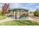 Shaded park shelter featuring a green roof, black metal supports and multiple park benches at 16671 E Prairie Goat Ave, Parker, CO 80134