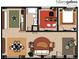 Detailed floor plan showcasing the layout of the home, including the kitchen, bathroom, bedrooms, and living spaces at 1732 Wazee St # 201, Denver, CO 80202