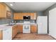 Well-lit kitchen equipped with modern appliances, wooden cabinets, and ample countertop space for cooking and prep at 7841 S Kalispell Cir, Englewood, CO 80112