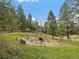 Relaxing fire pit area surrounded by mature trees, perfect for outdoor entertaining and cozy evenings at 7754 Swaps Trl, Evergreen, CO 80439