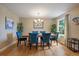 Bright dining room with hardwood floors, chandelier, and elegant blue chairs around a wooden table at 4855 E Atlantic Pl, Denver, CO 80222
