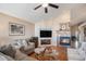 Cozy living room with a fireplace, ceiling fan, vaulted ceiling and comfortable seating at 26781 E Clifton Dr, Aurora, CO 80016