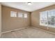 Empty bedroom with carpeted floors, three windows, and tan walls at 2828 Shadow Dance Dr, Castle Rock, CO 80109
