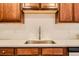 Close-up of the kitchen featuring white tile backsplash, stainless sink and wood cabinets at 875 E 78Th Ave # 9-2, Denver, CO 80229