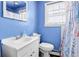 Bathroom with a white vanity, toilet, and blue walls at 7111 Monaco St, Commerce City, CO 80022