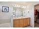 Bathroom featuring double sinks, wood cabinets, tub, and walk-in closet access at 835 Stony Mesa Pl, Castle Rock, CO 80108