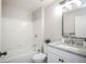 Bright bathroom featuring a shower-tub combo, a vanity with granite countertop, and modern fixtures at 17657 E Prentice Cir, Aurora, CO 80015