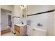 Bathroom featuring a modern vanity, a classic toilet, and bright tile work with a contrasting border at 1582 Fairfax St, Denver, CO 80220