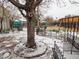 Fenced backyard with a mature tree in the center at 17973 E Iowa Dr, Aurora, CO 80017