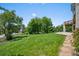 Large backyard with healthy lawn, mature trees, and a stone-lined pathway to the house at 96 Falcon Hills Dr, Highlands Ranch, CO 80126