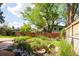 Backyard view featuring a wooden fence, mature trees, and landscaped garden beds at 11131 W Oregon Pl, Lakewood, CO 80232